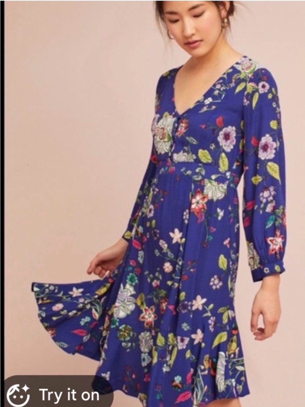 Maeve Anthropologie Floral Butterfly Print V-Neck Midi Dress XXS Navy/Purple